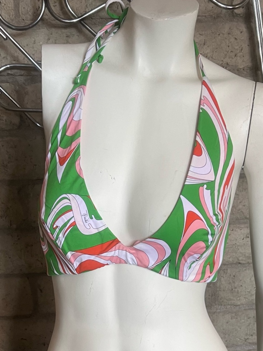 Emilio Pucci Green Pink Orange Swirl Halter Bikini Top